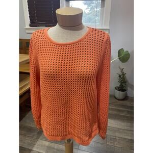 Fever Coral Orange Open Crochet Knit Open Weave Crew Neck Long Sleeve Sweater L